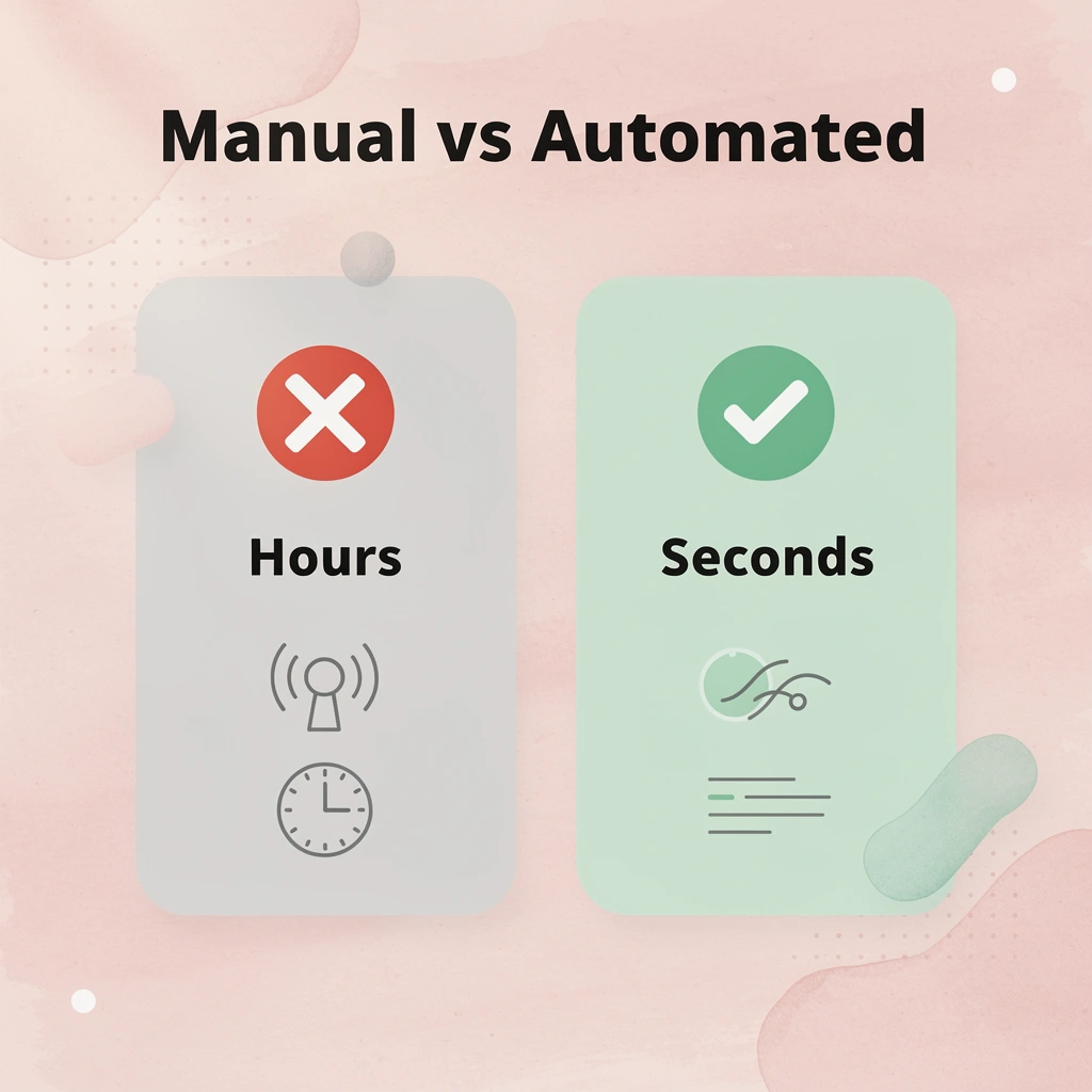 Before and after comparison showing hours versus seconds