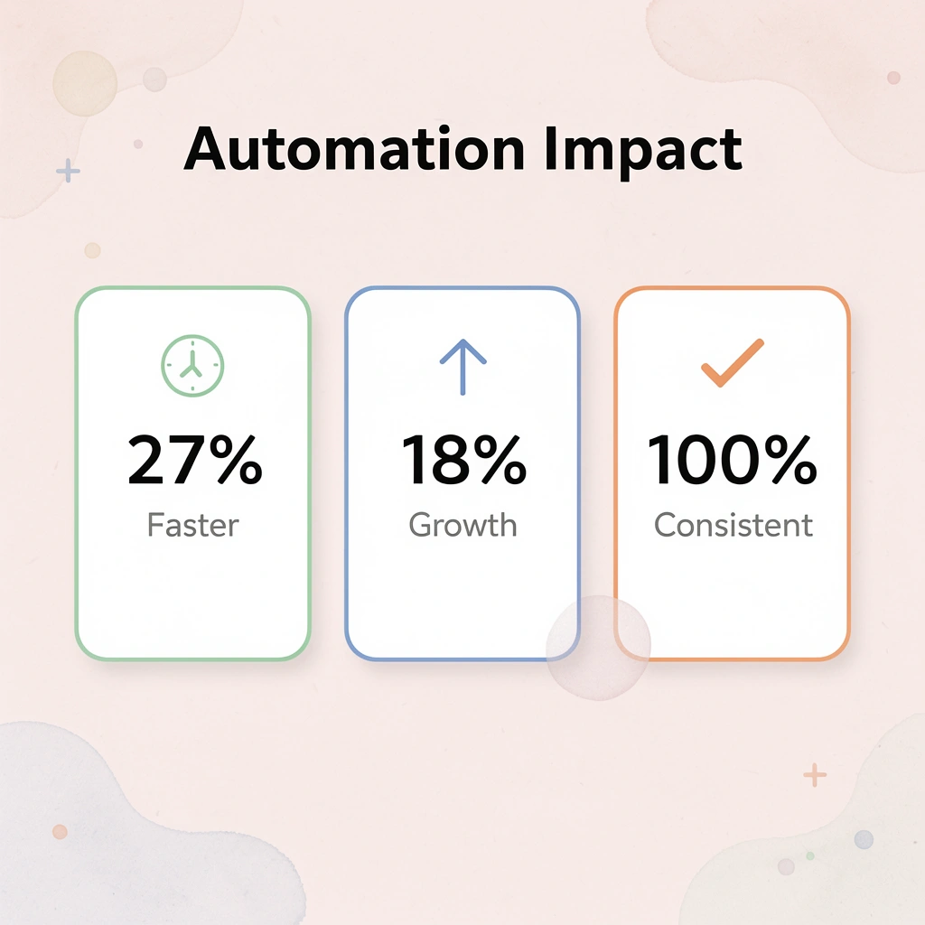 Statistics showing sales automation benefits: 27% faster closure, 18% revenue growth, 100% consistency