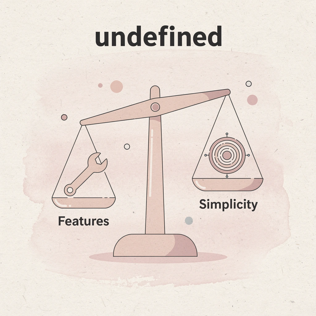 Balance scale comparing features versus simplicity in tool selection