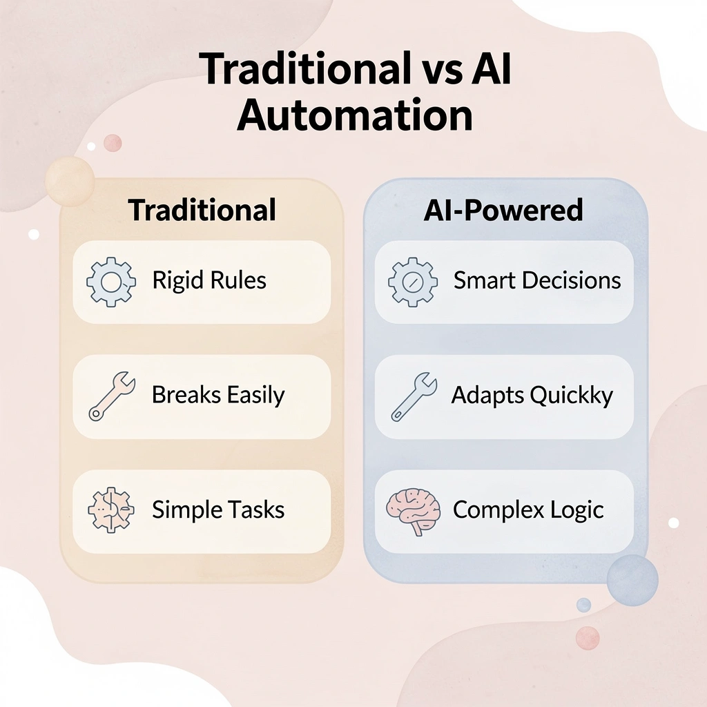 Comparison chart showing traditional vs AI-powered automation differences