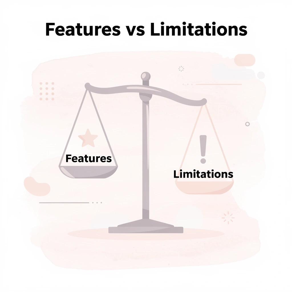 Balance scale comparing features versus limitations in tool selection