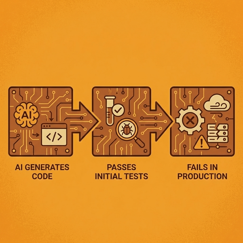 Three stages with arrows: AI generates code, passes initial tests, then fails in production