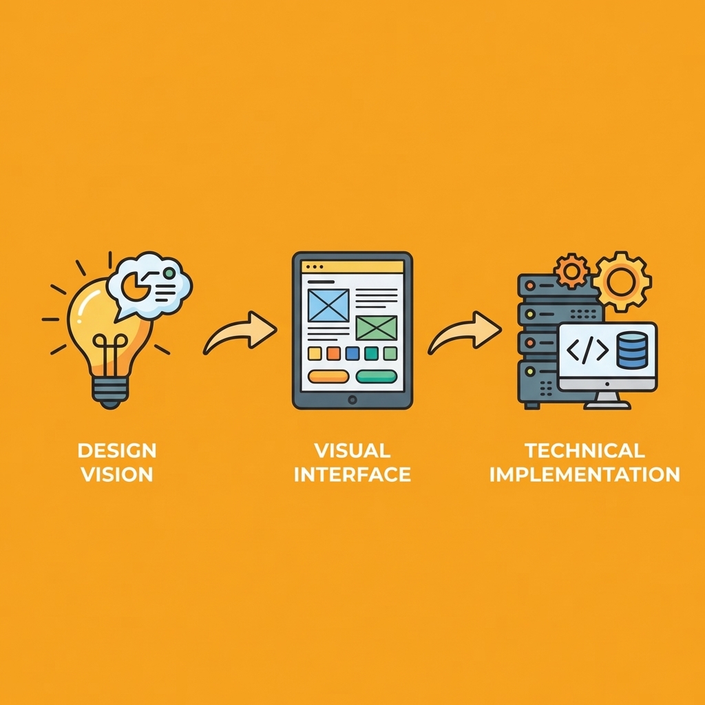 Three-step flow showing design vision, visual interface, and technical implementation