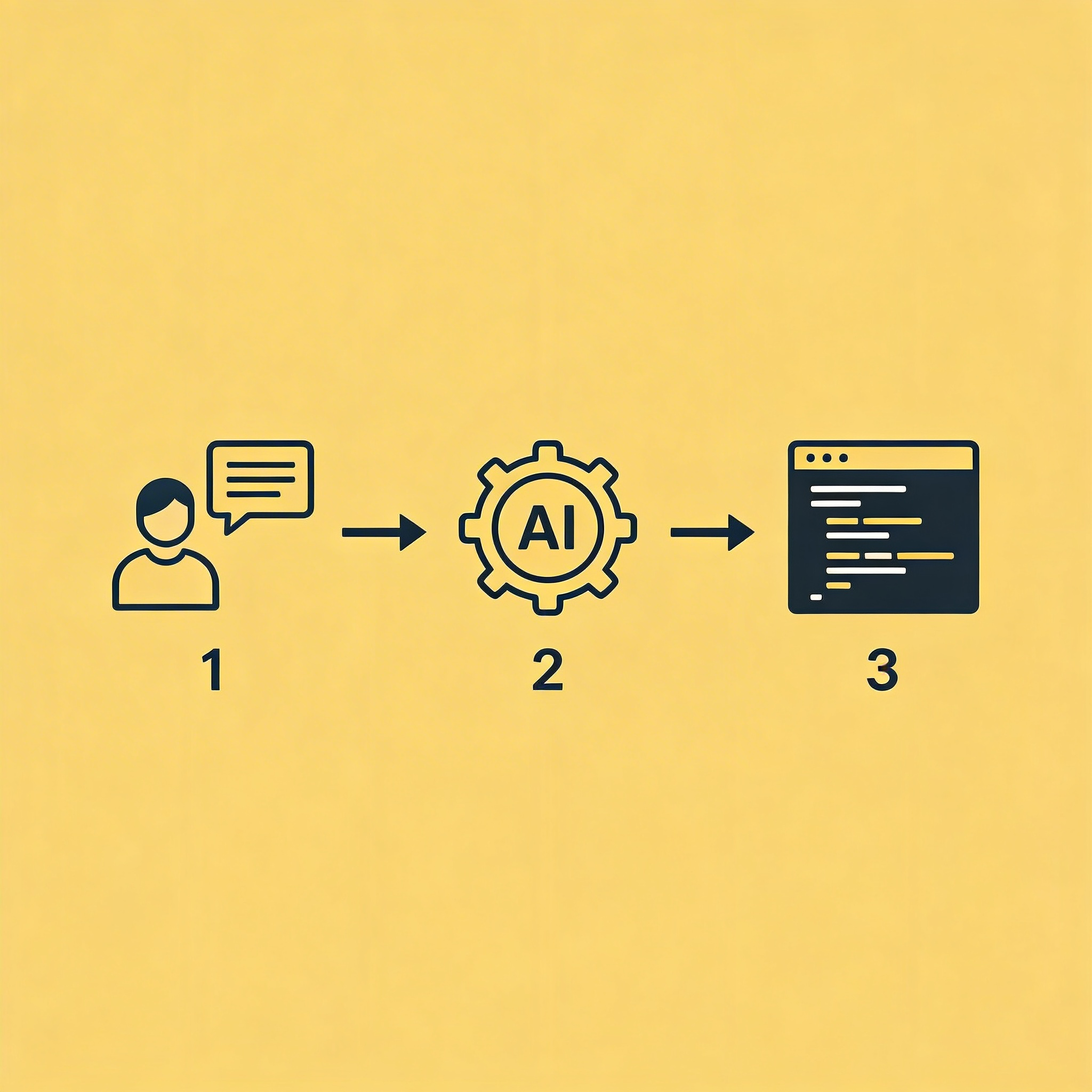 Three-step flow: Describe what you want to build, AI processes request, working code output